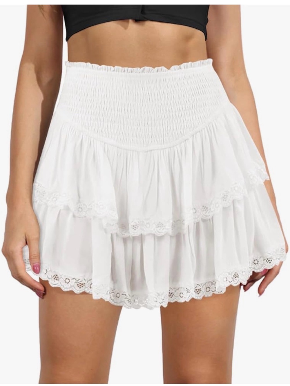 White Tiered Crochet Trim Mini Skirt